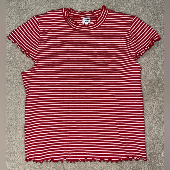 Aritzia Sunday Best Crowne mock neck T-shirt red/white stripes size small - Picture 2 of 5